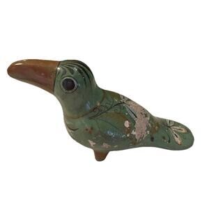 Vintage Tonala Bird Figure Mexican Clay Pottery GreenHand Painted Folk Art Bird